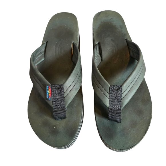 Rainbow Black Thong Sandals Six Layer Wedge Leather 1" Leather Strap, Size 8 - Picture 1 of 7